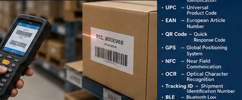Raktári dolgozó RFID-címkéket és vonalkódos etiketteket olvas be készletgazdálkodás közben