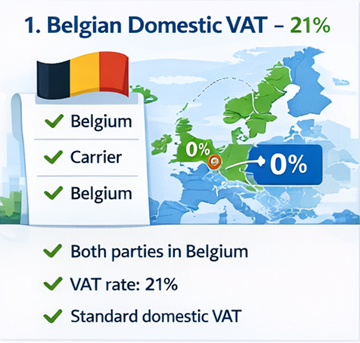 Belgium térképe fuvarútvonalakkal, amelyeken az ExusTrans számláin 21 százalékos belföldi ÁFA kerül alkalmazásra