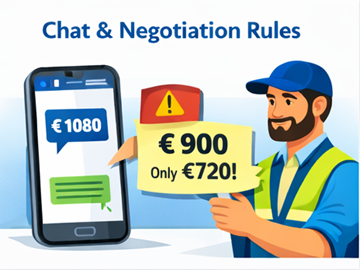 Fuvarozó mobilalkalmazást használ fuvardíj chatben történő egyeztetésére, helyes és hibás jutalékszámítással