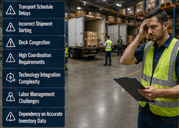 Forgalmas logisztikai terminál, ahol a cross-docking koordináció és a szállítás kihívásokat okoz