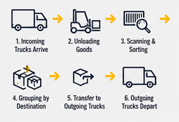 Cross-docking munkafolyamat beérkező és kimenő logisztikai teherautókkal