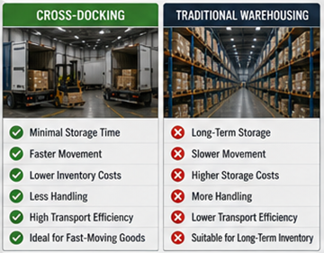 Összehasonlítás a cross-docking műveletek és a hagyományos raktári tárolás között