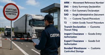 Nemzetközi határvámszabályozási és vámkezelési folyamat fuvarokmányokkal és rövidítésekkel import-export műveletekhez