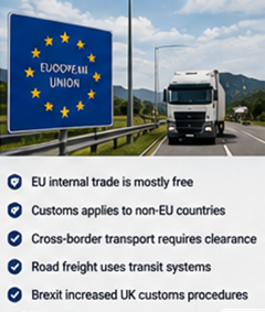 Európai teherautók határokat lépnek át és vámeljárásokat végeznek logisztikai műveletekben