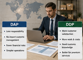 Exportőr vám- és nemzetközi logisztikai műveleteket kezel DDP és DAP megállapodások mellett