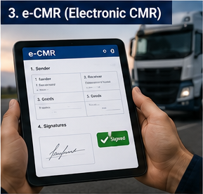 Járművezető digitális e-CMR okmányt használ táblagépen logisztikai fuvarozás közben