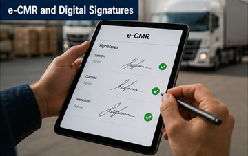 Sofőr digitális fuvarokmányt ír alá táblagépen, az e-CMR elektronikus aláírását szemléltetve