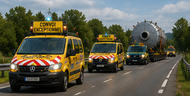 Kísérőjárművek kísérnek egy túlméretes szállítási konvojt európai autópályán