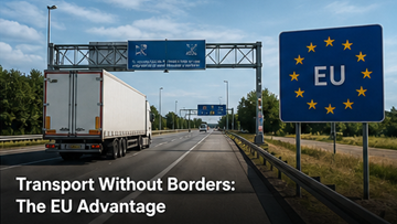 Teherautó európai határátkelésen vám nélkül, EU egységes piac, áruk szabad mozgása, európai autópálya