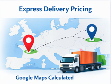 Expressz kézbesítési útvonal Európa térképén teherautóval és Google Maps alapján számított fuvardíjjal