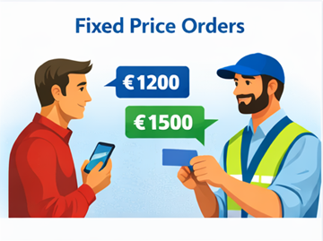 Ügyfél és fuvarozó fix fuvardíjról tárgyal mobilalkalmazáson és digitális platformon