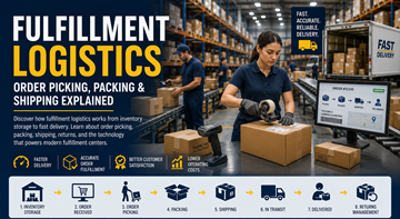 Modern fulfillment logisztikai raktár, ahol a dolgozók online rendeléseket csomagolnak és küldeményeket készítenek elő