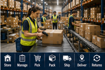 Raktári dolgozók fulfillment logisztikai műveleteket és online rendeléseket kezelnek