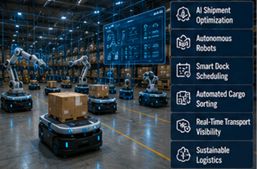 Jövőbeli automatizált cross-docking létesítmény robotikával, AI-jal és intelligens logisztikai technológiával