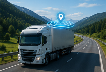 GPS-követő rendszerrel felszerelt teherautó európai autópályán, logisztikai művelet közben