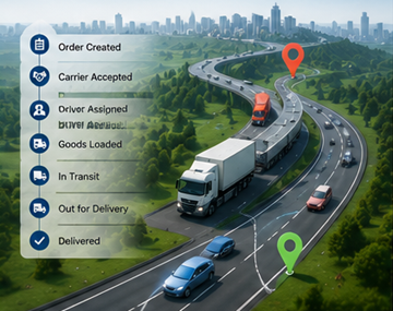 Modern logisztikai követési folyamat, amely GPS-es kamionkövetést, digitális fuvarrendszereket és szállítmányfrissítéseket mutat