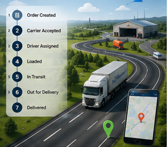 Digitális logisztikai folyamat, amely szállítmánykövetést, GPS útvonalakat és fuvarállapot-frissítéseket mutat
