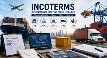 Nemzetközi áruszállítás konténerekkel, teherautókkal, hajókkal és logisztikai szakemberekkel, akik az Incoterms feltételeit magyarázzák a globális kereskedelemhez