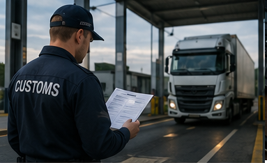 Logisztikai és vámhatósági tisztviselők biztosítási és fuvarokmányokat ellenőriznek egy fuvarozási művelet során