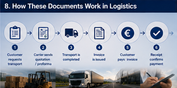 Processus logistique montrant devis, facture, reçu et processus de paiement sur une plateforme de transport