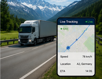 Kamion GPS-útvonalkövető rendszerrel egy európai autópályán fuvarozási művelet közben