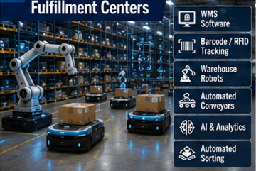 Automatizált fulfillment központ robotikával, raktárszoftverrel és AI logisztikai rendszerekkel