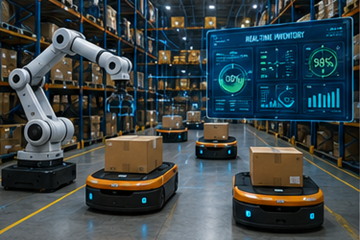 Okos raktár robotikával, automatizálással és digitális készletrendszerekkel