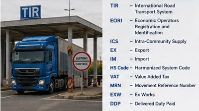 Nemzetközi teherautó a TIR vámtranzit rendszer használatával egy európai határátkelőn