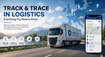 Modern logisztikai Track and Trace rendszer, amely teherautók szállítmány-átláthatóságát, GPS nyomon követést és valós idejű kiszállítás-felügyeletet mutat Európa-szerte