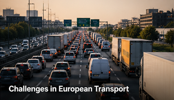 Forgalmi torlódás teherautókkal Európában, autópálya, logisztikai kihívások, késések, üzemanyagköltségek, szállítás
