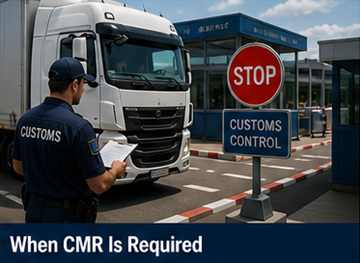 Teherautó európai határon, ahol a sofőr fuvarokmányokat mutat be, köztük a CMR-t