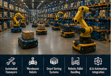 Automatizált raktári robotok, amelyek raktárirányítási rendszer szoftveréhez kapcsolódnak