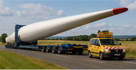 Szélturbina-lapátok és megújulóenergia-berendezések szállítása nehézfuvar-járművekkel