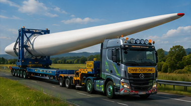 Speciális pótkocsi szélturbina-lapátot szállít Európa-szerte